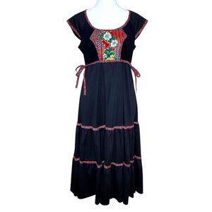 Vintage 70s Jody T of California Black Prairie Midi Dress Floral Trim Tiered 9